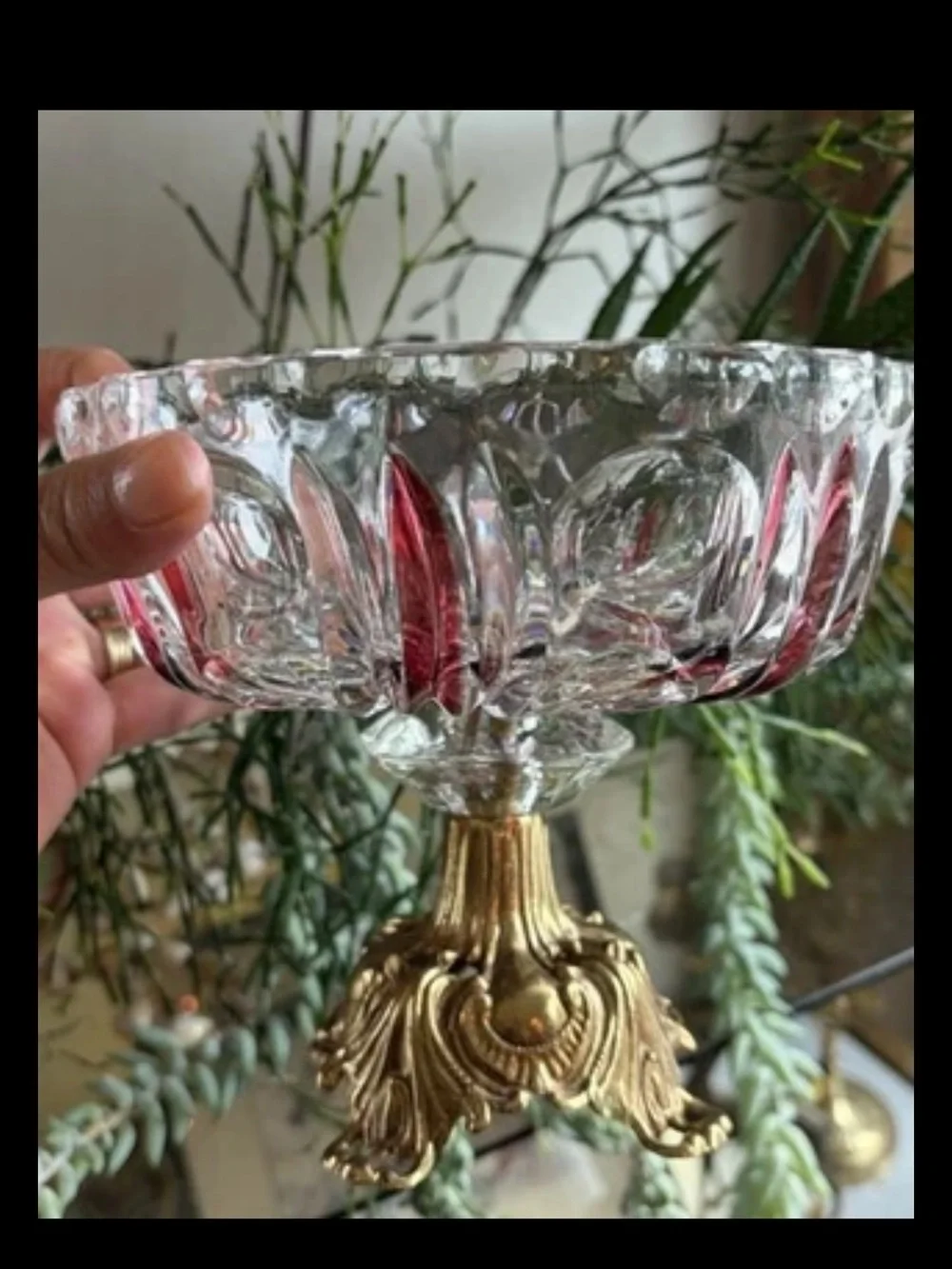 Pedestal Compote Bowl Nuts Cut Crystal Ruby Flash Brass Base Ornate Regency L&L